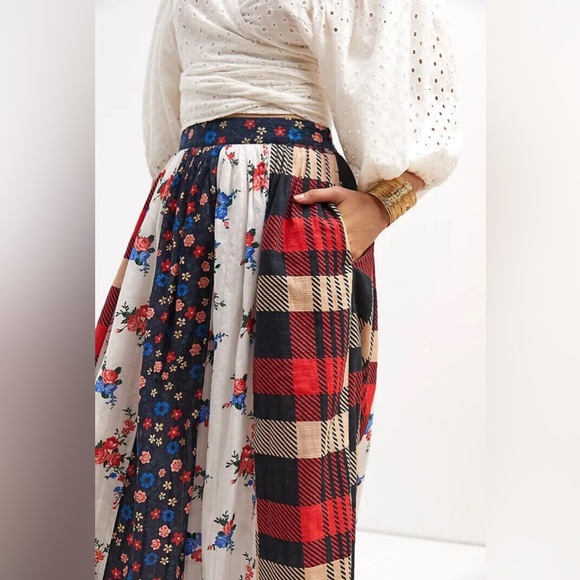 Anthropologie Let Me Be Contrast Maxi Skirt Plaid Patchwork Large - Picture 4 of 9